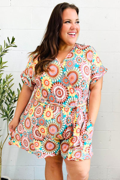 Feeling Bold Multicolor Mandala Print Surplice Tie Waist Romper-2024 Summer Blow Out Sale-Authentically Radd Women's Online Boutique in Endwell, New York