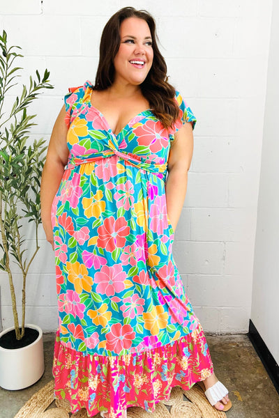 Vacay Vibes Blue Floral Print Sweetheart Twisted Neckline Maxi Dress-Authentically Radd Women's Online Boutique in Endwell, New York