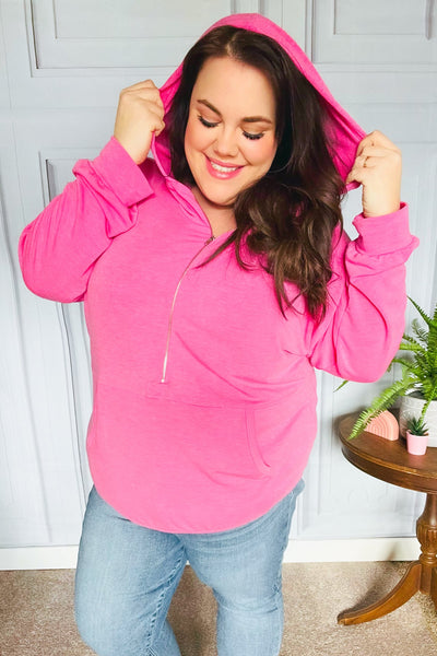 Ready to Relax Hot Pink Half Zip French Terry Hoodie-Authentically Radd Women's Online Boutique in Endwell, New York