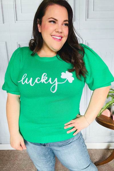 Lucky Lady Shamrock Green Sequin Puff Sleeve Knit Top-Authentically Radd Women's Online Boutique in Endwell, New York