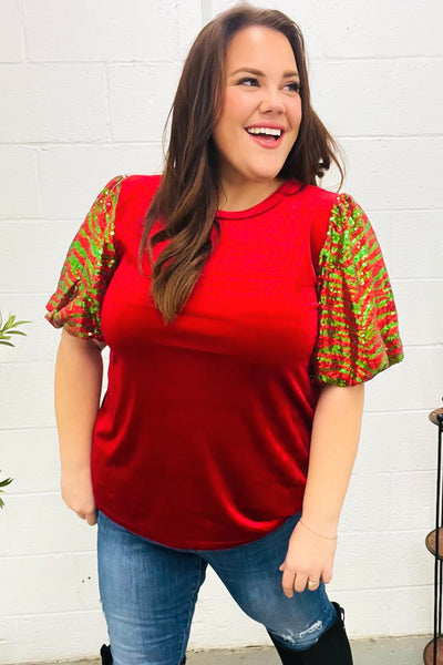 Warmest Wishes Red & Green Sequin Puff Sleeve Velvet Top-Authentically Radd Women's Online Boutique in Endwell, New York