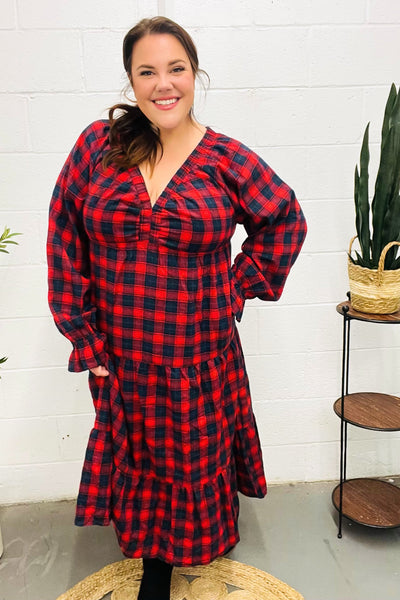 All I Want Red Plaid Elastic V Neck Tiered Maxi Dress-2024 Blow-Out Sale-Authentically Radd Women's Online Boutique in Endwell, New York