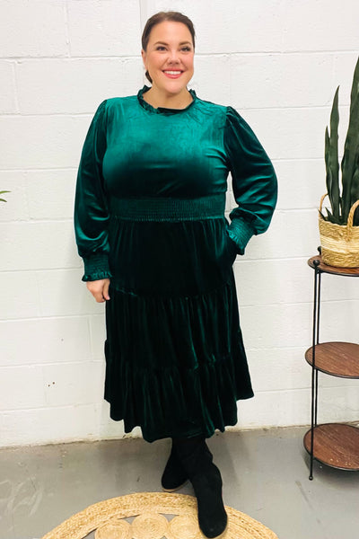 Holiday Dreaming Hunter Green Velvet Mock Neck Smocked Waist Dress-2024 Blow-Out Sale-Authentically Radd Women's Online Boutique in Endwell, New York