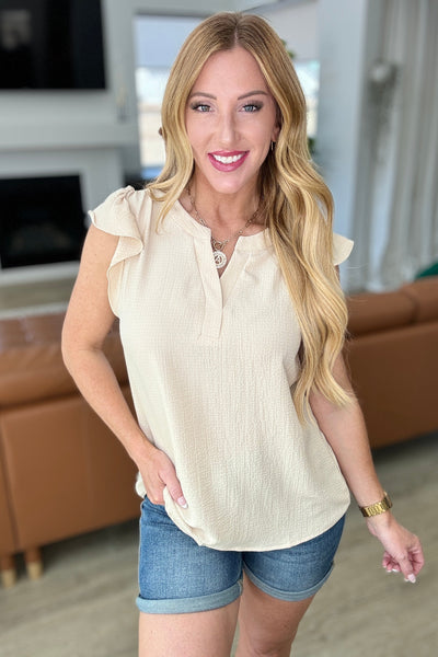 Crinkle Split Neckline Flutter Sleeve Top in Taupe-Tops-Authentically Radd Women's Online Boutique in Endwell, New York