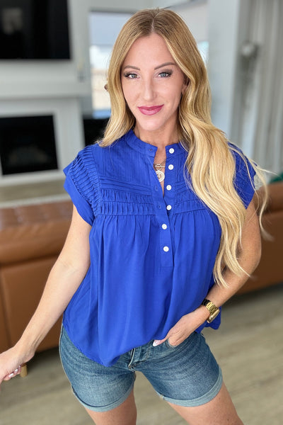 Pleat Detail Button Up Blouse in Royal Blue-Tops-Authentically Radd Women's Online Boutique in Endwell, New York