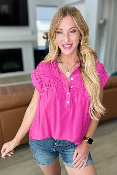 Pleat Detail Button Up Blouse in Hot Pink-Tops-Authentically Radd Women's Online Boutique in Endwell, New York