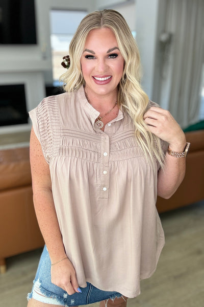 Pleat Detail Button Up Blouse in Taupe-Tops-Authentically Radd Women's Online Boutique in Endwell, New York