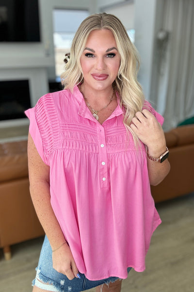 Pleat Detail Button Up Blouse in Pink Cosmos-Tops-Authentically Radd Women's Online Boutique in Endwell, New York
