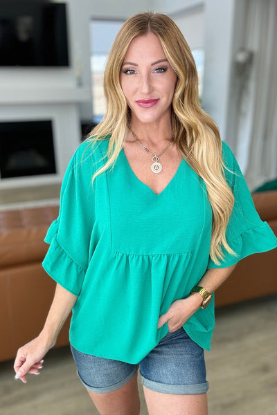 Airflow Peplum Ruffle Sleeve Top in Emerald-Tops-Authentically Radd Women's Online Boutique in Endwell, New York