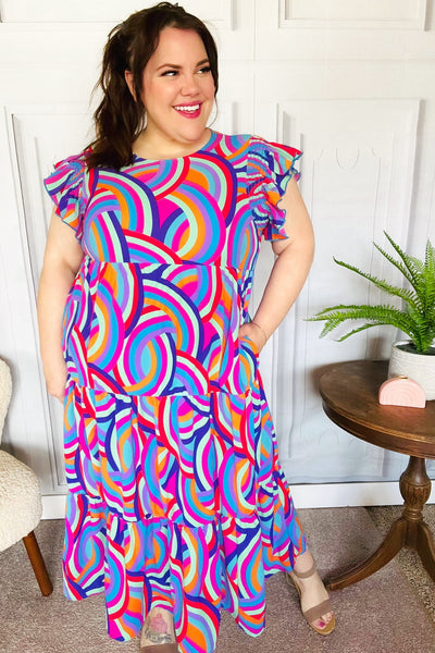 Feel Your Best Purple Abstract Print Smocked Ruffle Sleeve Maxi Dress-Authentically Radd Women's Online Boutique in Endwell, New York