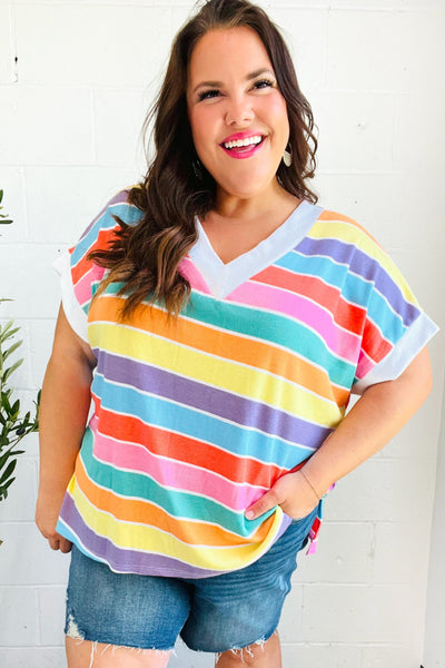 Sieze The Day Rainbow Striped V Neck Drop Shoulder Thermal Knit Top-2024 Summer Blow Out Sale-Authentically Radd Women's Online Boutique in Endwell, New York