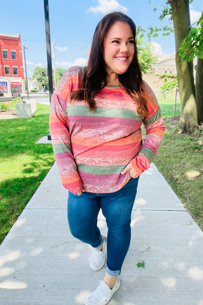 🍂 All the Fall Vibes! 🍂 Fall Vibes Rust & Olive Stripe Terry Long Sleeve Top-Authentically Radd Women's Online Boutique in Endwell, New York