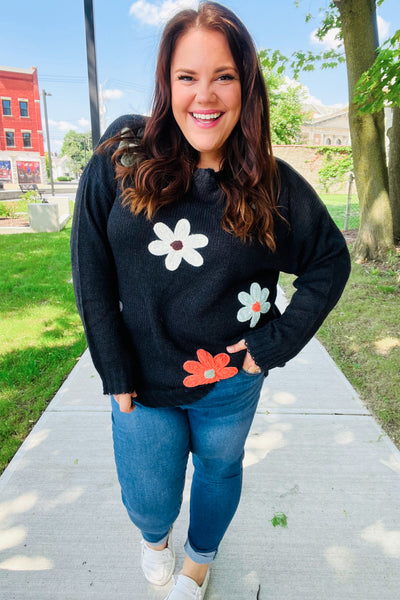 🌼 Flower Power in Full Bloom! 🌼- Eyes On You Black Flower Patch Oversized Knit Sweater-Authentically Radd Women's Online Boutique in Endwell, New York