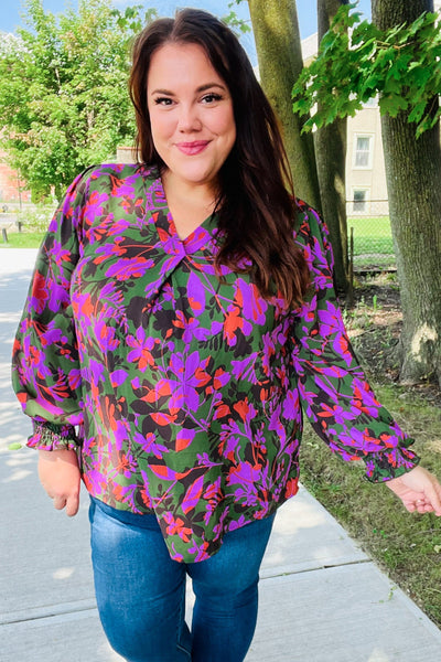 Eyes On You Forest Green Floral Smocked Bubble Sleeve V Neck Top-Authentically Radd Women's Online Boutique in Endwell, New York