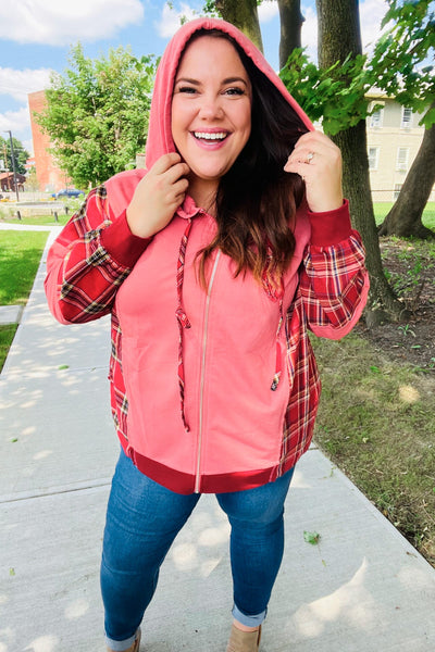 Adorable in Marsala Plaid Color Block Zipper French Terry Hoodie-Authentically Radd Women's Online Boutique in Endwell, New York