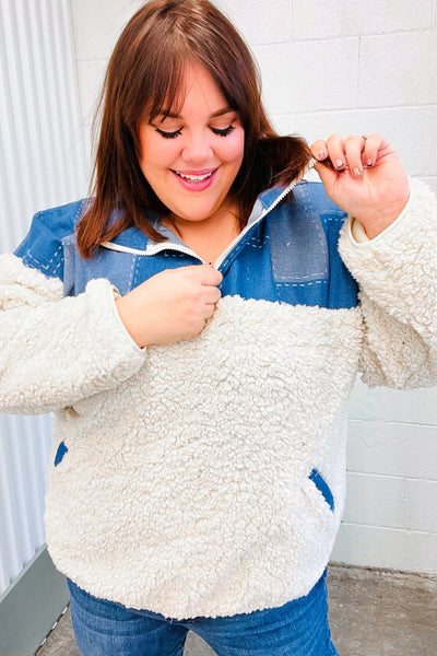 Good Vibes Denim & Ivory Patchwork Sherpa Half Zip Pullover-2024 Blow-Out Sale-Authentically Radd Women's Online Boutique in Endwell, New York