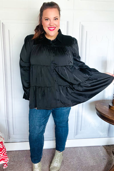 Perfectly You Black Button Down Tiered Babydoll Satin Top-Authentically Radd Women's Online Boutique in Endwell, New York