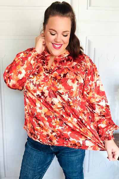 Rust Floral Print Satin Top-2024 Blow-Out Sale-Authentically Radd Women's Online Boutique in Endwell, New York