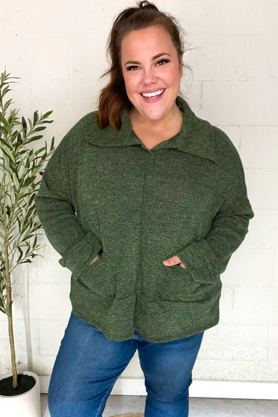 Easy Living Olive Textured Knit Notch Neck Oversized Collar Sweater-Authentically Radd Women's Online Boutique in Endwell, New York