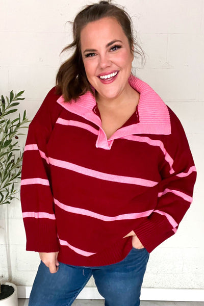 Fall For You Crimson Stripe Notched Neck Collared Oversized Sweater-Authentically Radd Women's Online Boutique in Endwell, New York