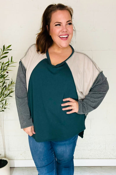 Stand Out Hunter Green V Neck Raglan Color Block Outseam Top-Authentically Radd Women's Online Boutique in Endwell, New York