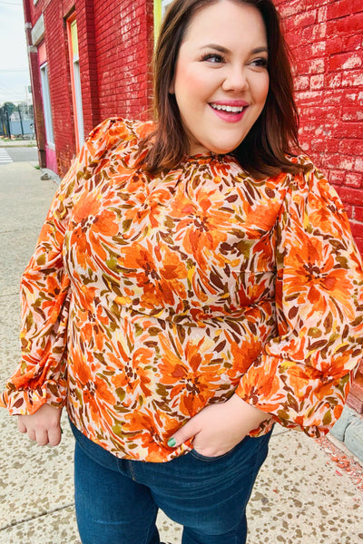 All The Joy Burnt Orange Watercolor Floral Frill Neck Top-Authentically Radd Women's Online Boutique in Endwell, New York