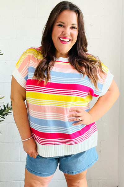 Feeling Playful Blue & Fuchsia Striped Short Dolman Sleeve Knit Top-2024 Summer Blow Out Sale-Authentically Radd Women's Online Boutique in Endwell, New York