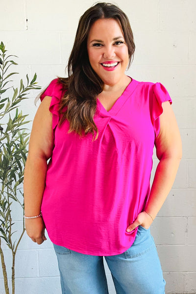 Summer Days Fuchsia Banded V Neck Flutter Sleeve Top-2024 Summer Blow Out Sale-Authentically Radd Women's Online Boutique in Endwell, New York