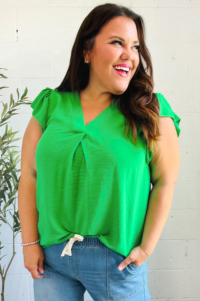 Sunny Days Kelly Green Banded V Neck Flutter Sleeve Top-2024 Summer Blow Out Sale-Authentically Radd Women's Online Boutique in Endwell, New York