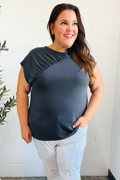 Charming In Charcoal Asymmetrical Shirred Drop Shoulder Modal Top-2024 Summer Blow Out Sale-Authentically Radd Women's Online Boutique in Endwell, New York