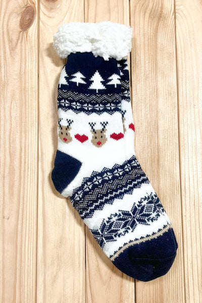Navy Heart Reindeer Sherpa Traction Bottom Slipper Socks-Authentically Radd Women's Online Boutique in Endwell, New York