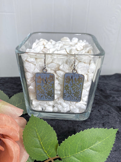 Silver Patina Earrings - Blue Small Floral Rectangle-Authentically Radd Women's Online Boutique in Endwell, New York