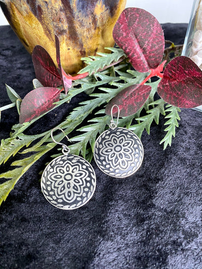 Silver Patina Earrings - Black Floral Circle-Authentically Radd Women's Online Boutique in Endwell, New York