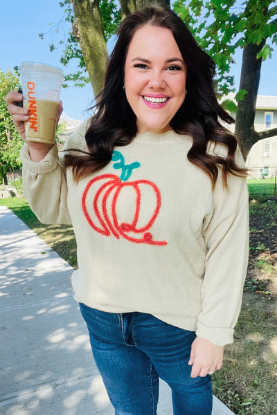 Taupe Embroidered Pumpkin Oversized Sweater-Authentically Radd Women's Online Boutique in Endwell, New York