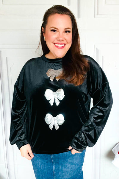 Home For The Holiday Silver Sequin Bow Velvet Pullover Top-2024 Blow-Out Sale-Authentically Radd Women's Online Boutique in Endwell, New York