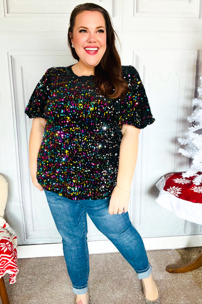 Holiday Ready Black Velvet Multicolor Sequin Puff Sleeve Top-2024 Blow-Out Sale-Authentically Radd Women's Online Boutique in Endwell, New York