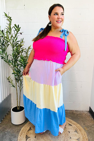 Vacay Vibes Hot Pink & Blue Smocked Color Block Maxi Dress-2024 Summer Blow Out Sale-Authentically Radd Women's Online Boutique in Endwell, New York