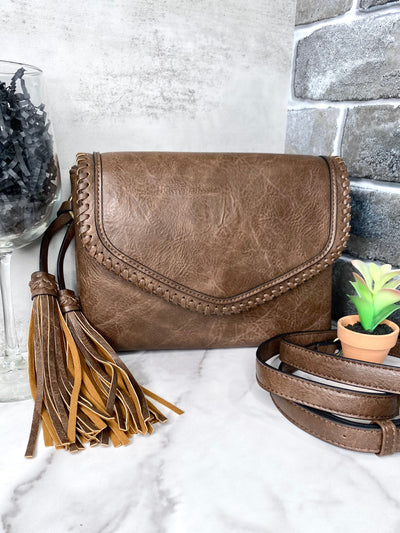 Sloane Flapover Crossbody w/ Whipstitch and Tassel: Coffee-Authentically Radd Women's Online Boutique in Endwell, New York