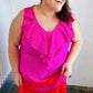 Fuchsia Ruffle V Neck Crepe Tiered Midi Dress-Authentically Radd Women's Online Boutique in Endwell, New York