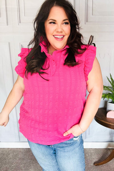 Hot Pink Textured Ruffle Mock Neck Button Down Top-Authentically Radd Women's Online Boutique in Endwell, New York