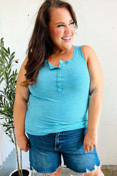 Summer Days Ice Blue Melange Ribbed Henley Button Down Tank-2024 Summer Blow Out Sale-Authentically Radd Women's Online Boutique in Endwell, New York