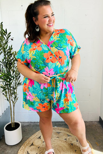 Tropical Vibes Turquoise Floral Surplice Tie Waist Romper-2024 Summer Blow Out Sale-Authentically Radd Women's Online Boutique in Endwell, New York