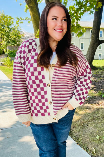 Cozy Days Magenta Checkered & Striped Button-Down Cardigan-Authentically Radd Women's Online Boutique in Endwell, New York