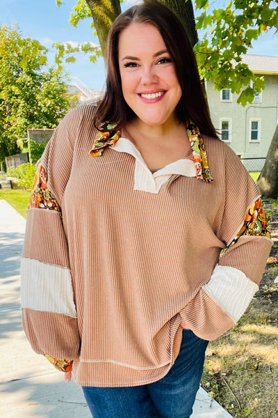 Charming Caramel Floral Print Colorblock Notch Neck Top-Authentically Radd Women's Online Boutique in Endwell, New York