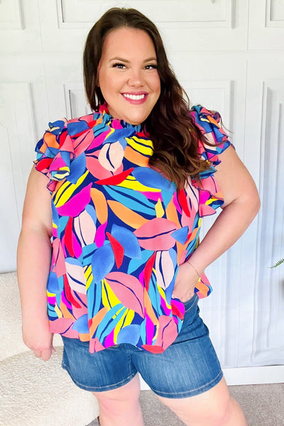 Tropical Vibes Blue & Pink Mock Neck Flutter Sleeve Top-Authentically Radd Women's Online Boutique in Endwell, New York