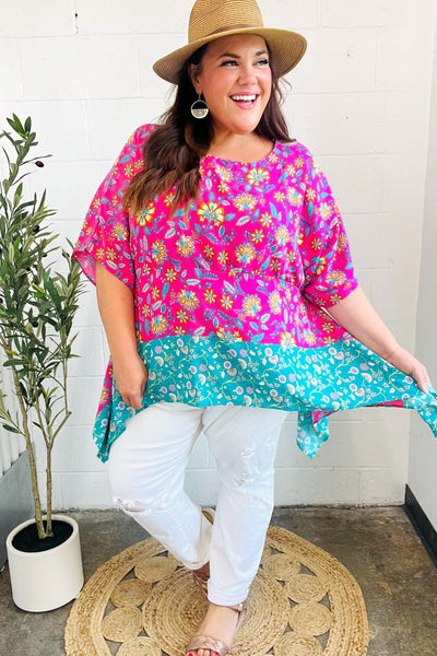 Vacay Ready Fuchsia Paisley Floral Dolman Sleeve Shark Bite Top-2024 Summer Blow Out Sale-Authentically Radd Women's Online Boutique in Endwell, New York