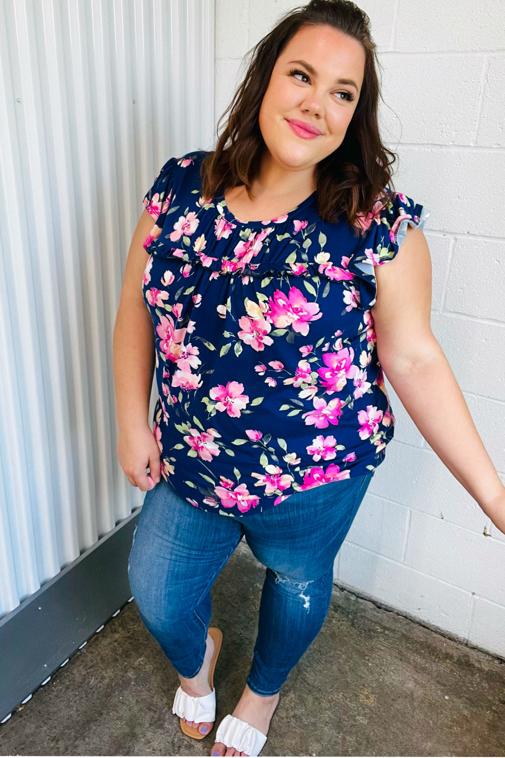 Navy & Pink Floral Print Frilled Short Sleeve Yoke Top-Authentically Radd Women's Online Boutique in Endwell, New York