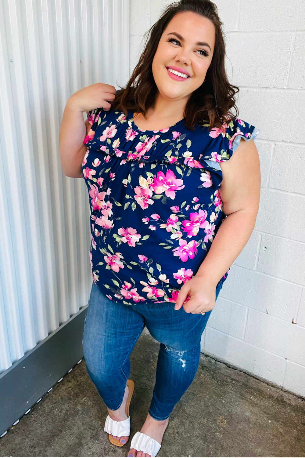 Navy & Pink Floral Print Frilled Short Sleeve Yoke Top-Authentically Radd Women's Online Boutique in Endwell, New York