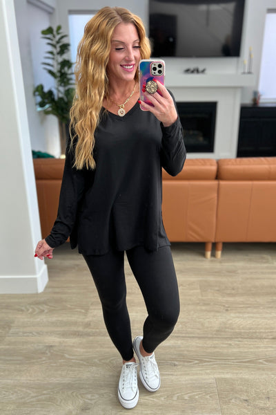 Buttery Soft V-Neck Long Sleeve Loungewear Set in Black-Sets-Authentically Radd Women's Online Boutique in Endwell, New York