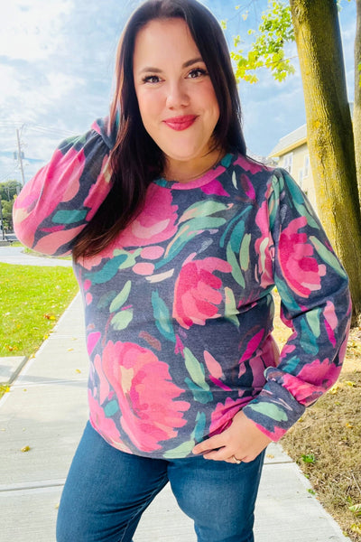 On My Heart Navy Floral Brushed Hacci Sweater Top-Authentically Radd Women's Online Boutique in Endwell, New York